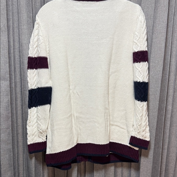 Elegant Cable Knit Cardigan - Cream with Burgundy and Navy Trim - Picture 6 of 6